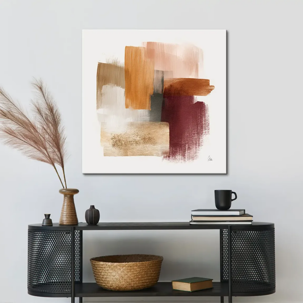 Deep maroon and gold accents highlight texture in the abstract canvas wall art
