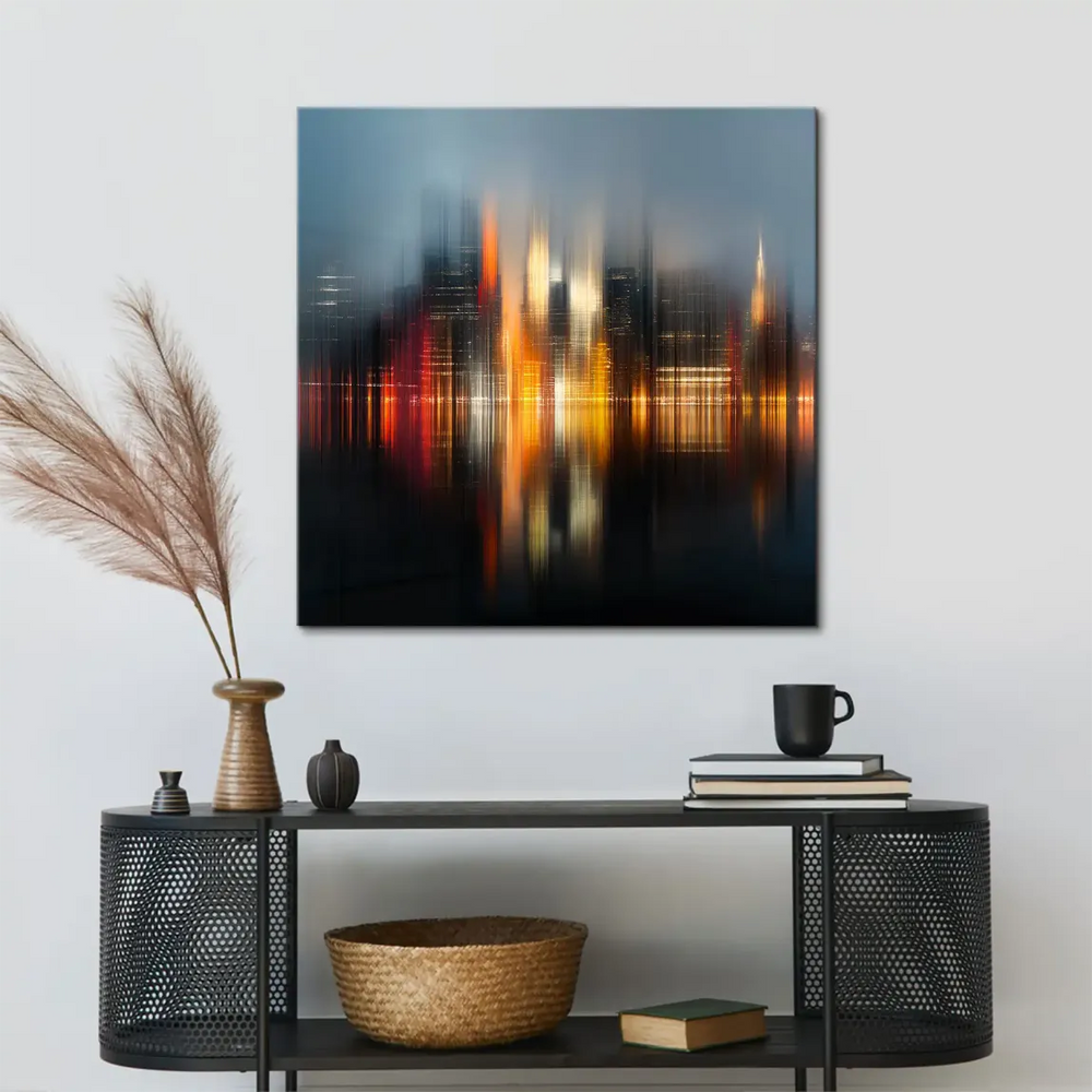 Impressionistic city lights canvas print featuring glowing buildings reflected on water