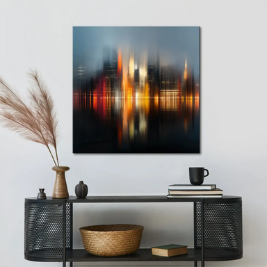 Impressionistic city lights canvas print featuring glowing buildings reflected on water