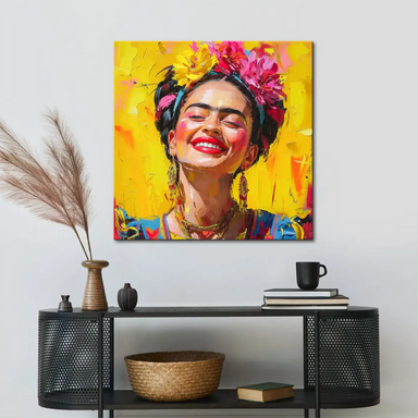 Textured impasto strokes and ornate gold jewelry in a Frida Kahlo-inspired canvas