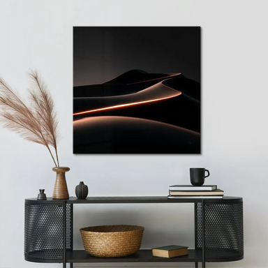 Minimalist canvas artwork emphasizing contrast between dark tones and glowing lines.
