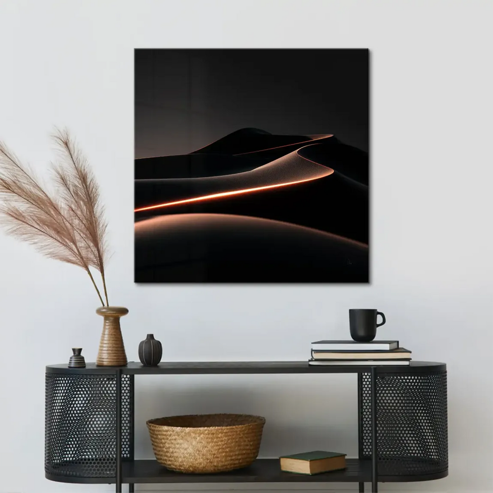 Minimalist canvas artwork emphasizing contrast between dark tones and glowing lines.