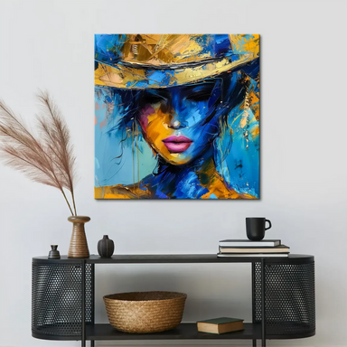Textured abstract canvas showing a serene woman with bold brushstrokes and a close-up composition.