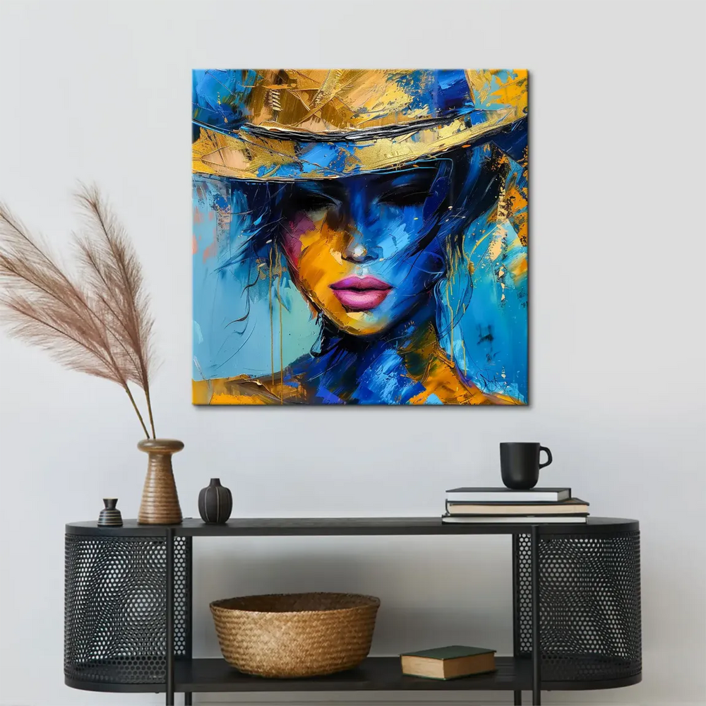 Textured abstract canvas showing a serene woman with bold brushstrokes and a close-up composition.
