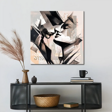 Delicate white floral elements across a black and white canvas with soft pink highlights.