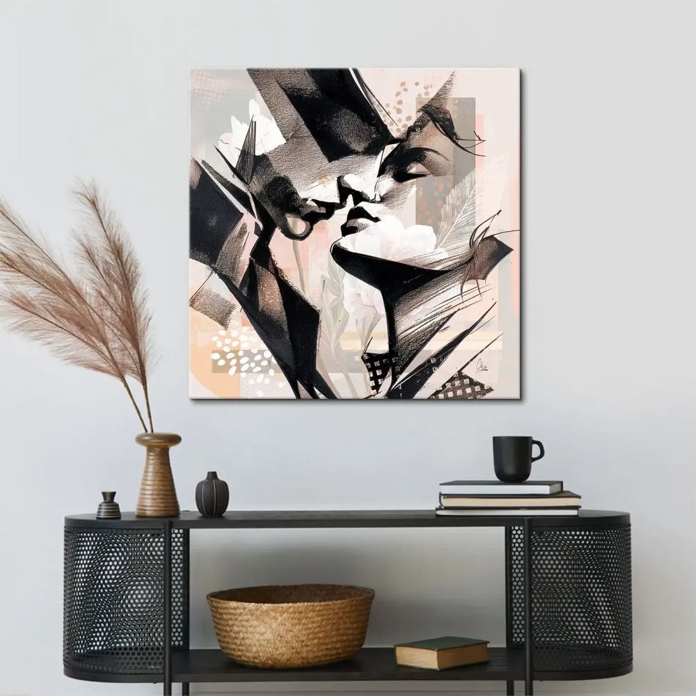 Delicate white floral elements across a black and white canvas with soft pink highlights.