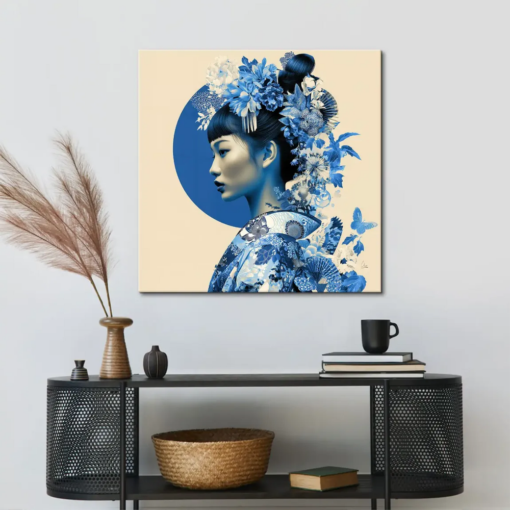 Elegant Asian wall art featuring blue lotus-inspired geisha and intricate kimono patterns