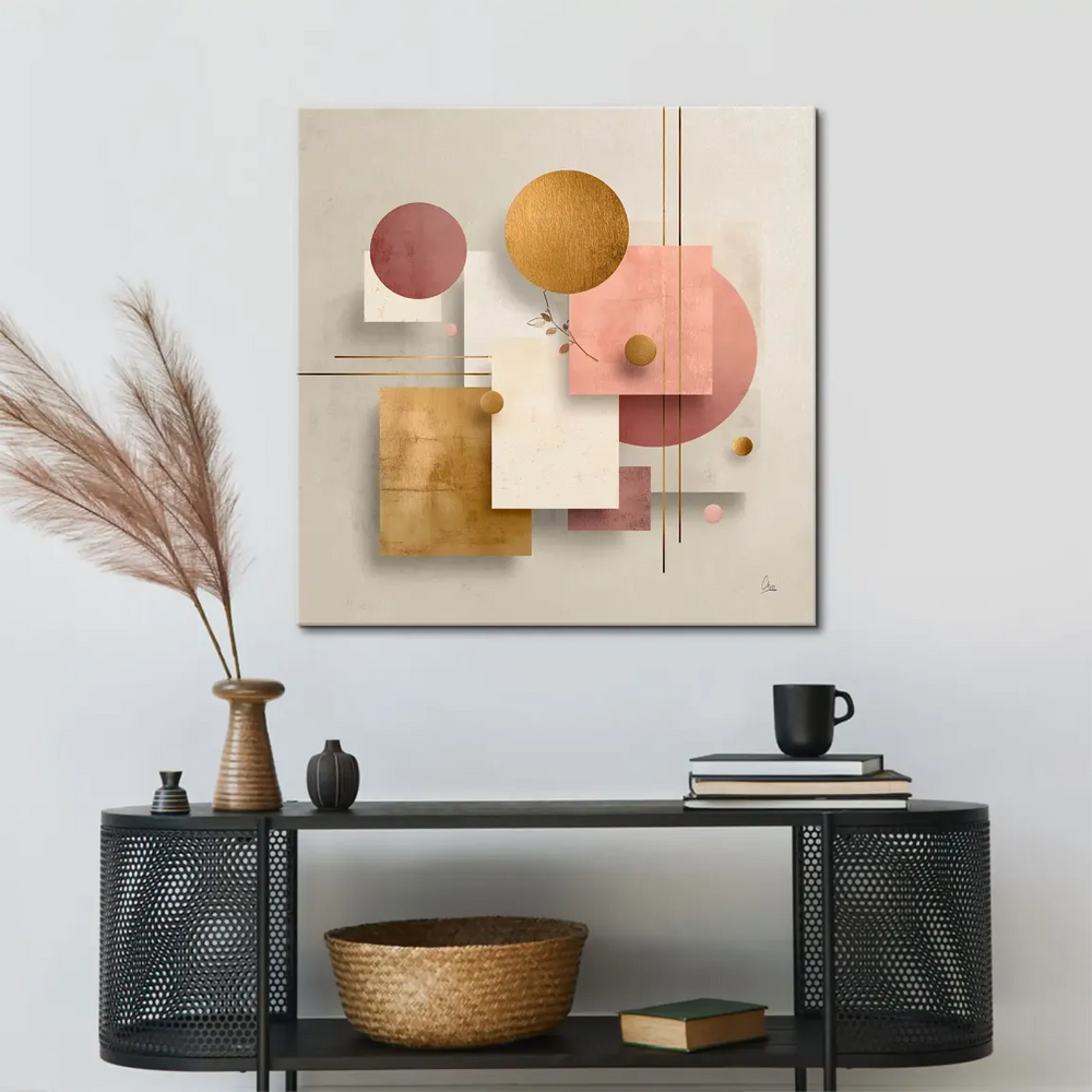 Abstract art featuring gold circles and pink squares on a creamy background