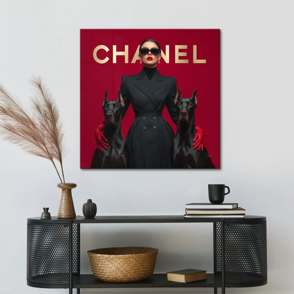 Symmetrical composition with a stylish female figure and guard dogs for fashion wall art.