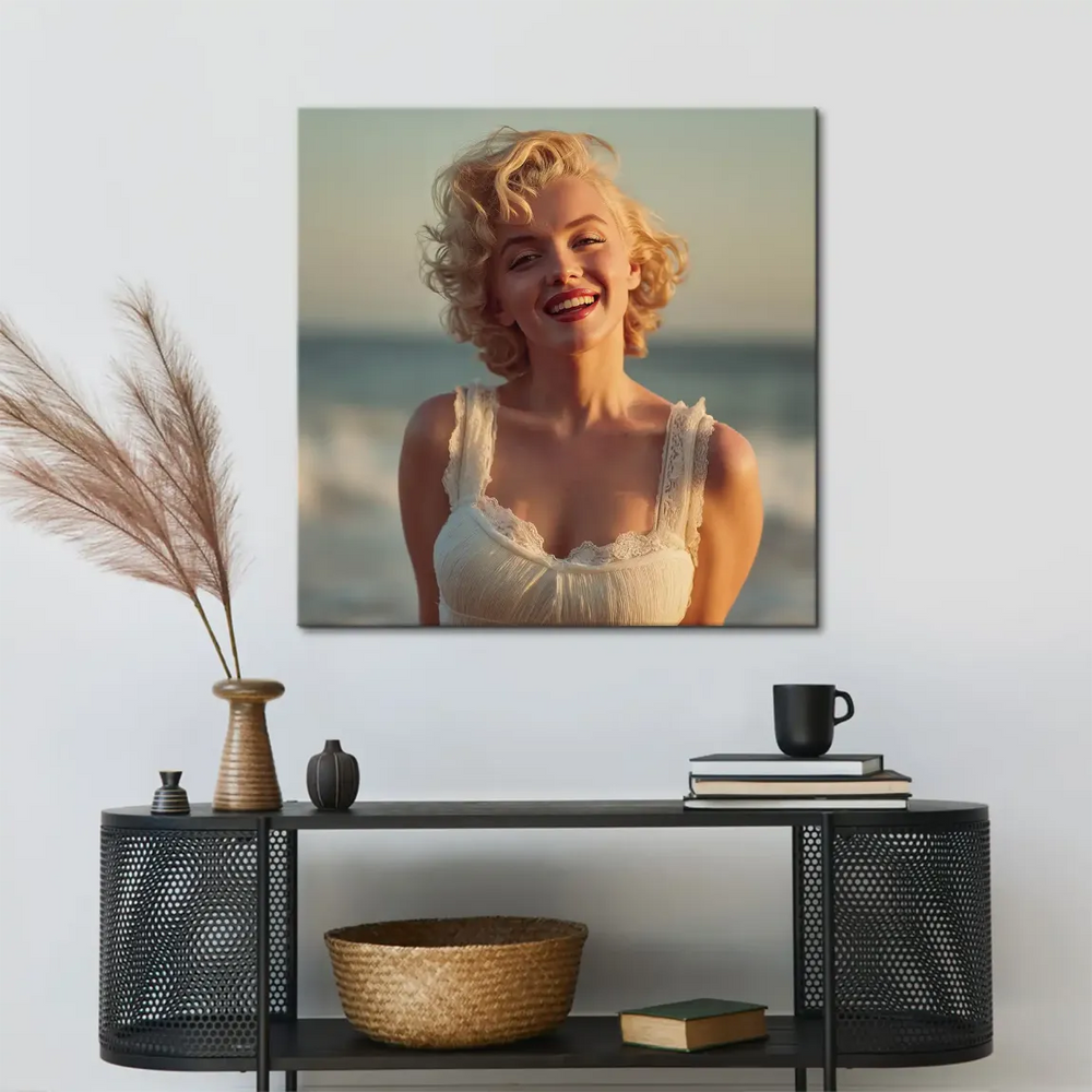Close-up Marilyn Monroe portrait on vintage-style canvas with flowing blonde hair