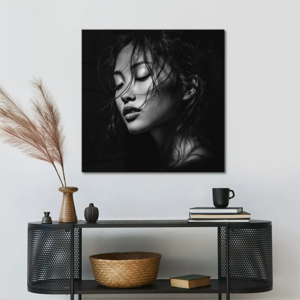 Minimalist wall art featuring a contemplative Asian portrait on canvas