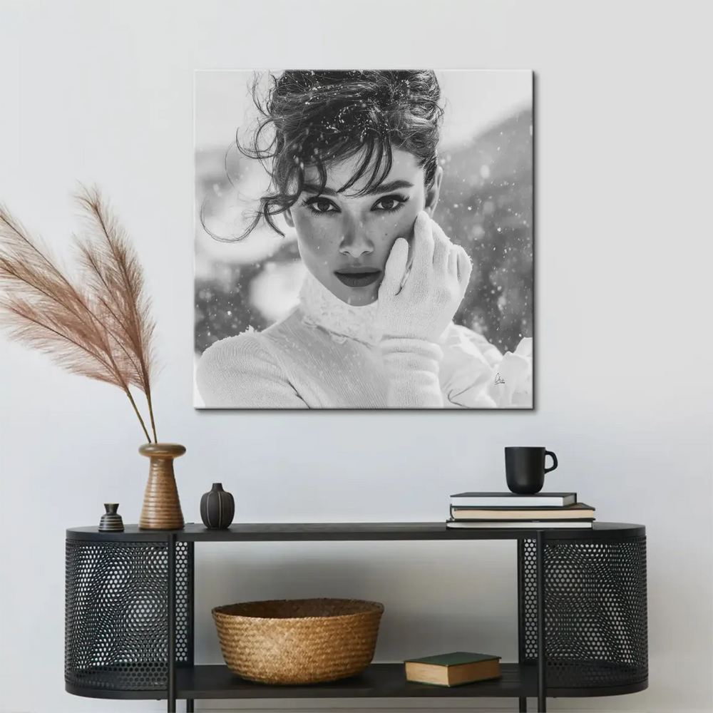 Audrey Hepburn-inspired snow portrait with updo and gloves