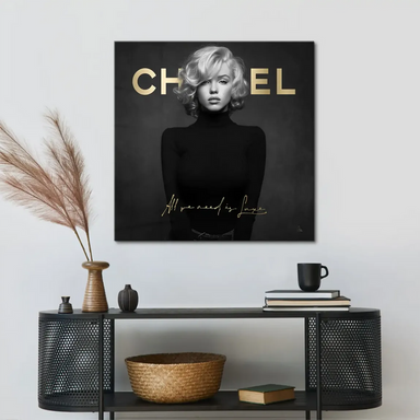 Elegant fashion-themed canvas with Chanel-inspired gold accents and 'All we need is Luxe' script