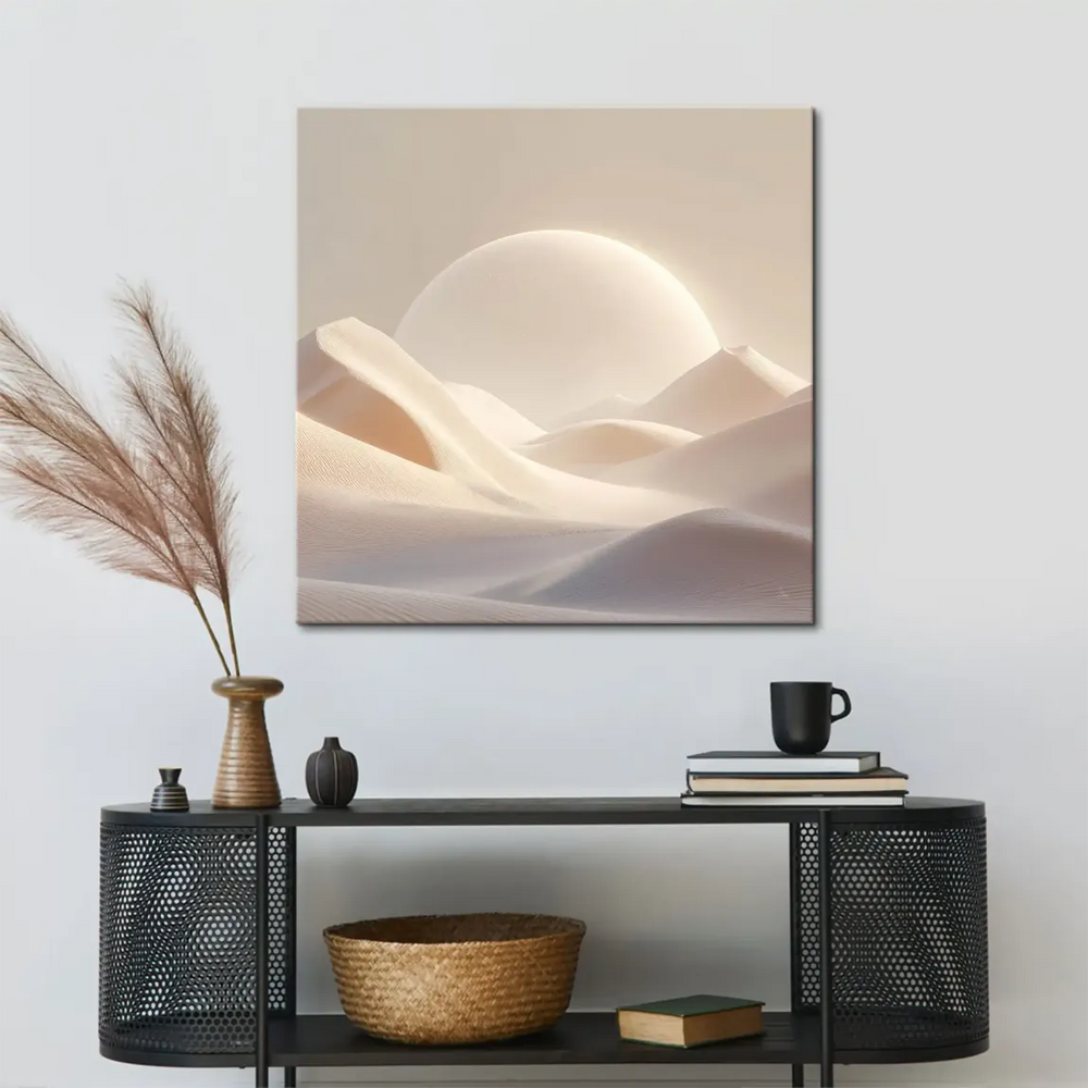 Monochrome-style desert dunes under a radiant celestial orb, in a calm square-format canvas.