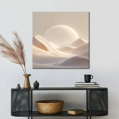 Monochrome-style desert dunes under a radiant celestial orb, in a calm square-format canvas.