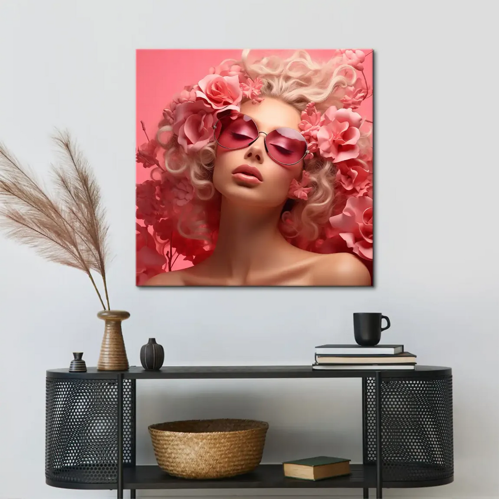 Dreamy surreal portrait combining fashion and floral elements in pink hues.