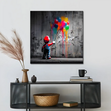 Full view of a square-format canvas print featuring a street-art inspired character and colorful balloons