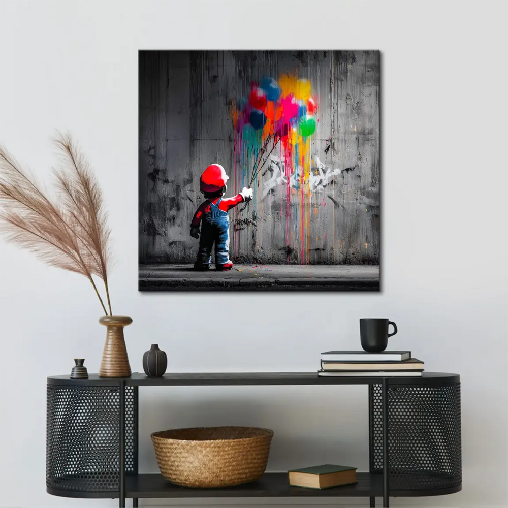 Full view of a square-format canvas print featuring a street-art inspired character and colorful balloons