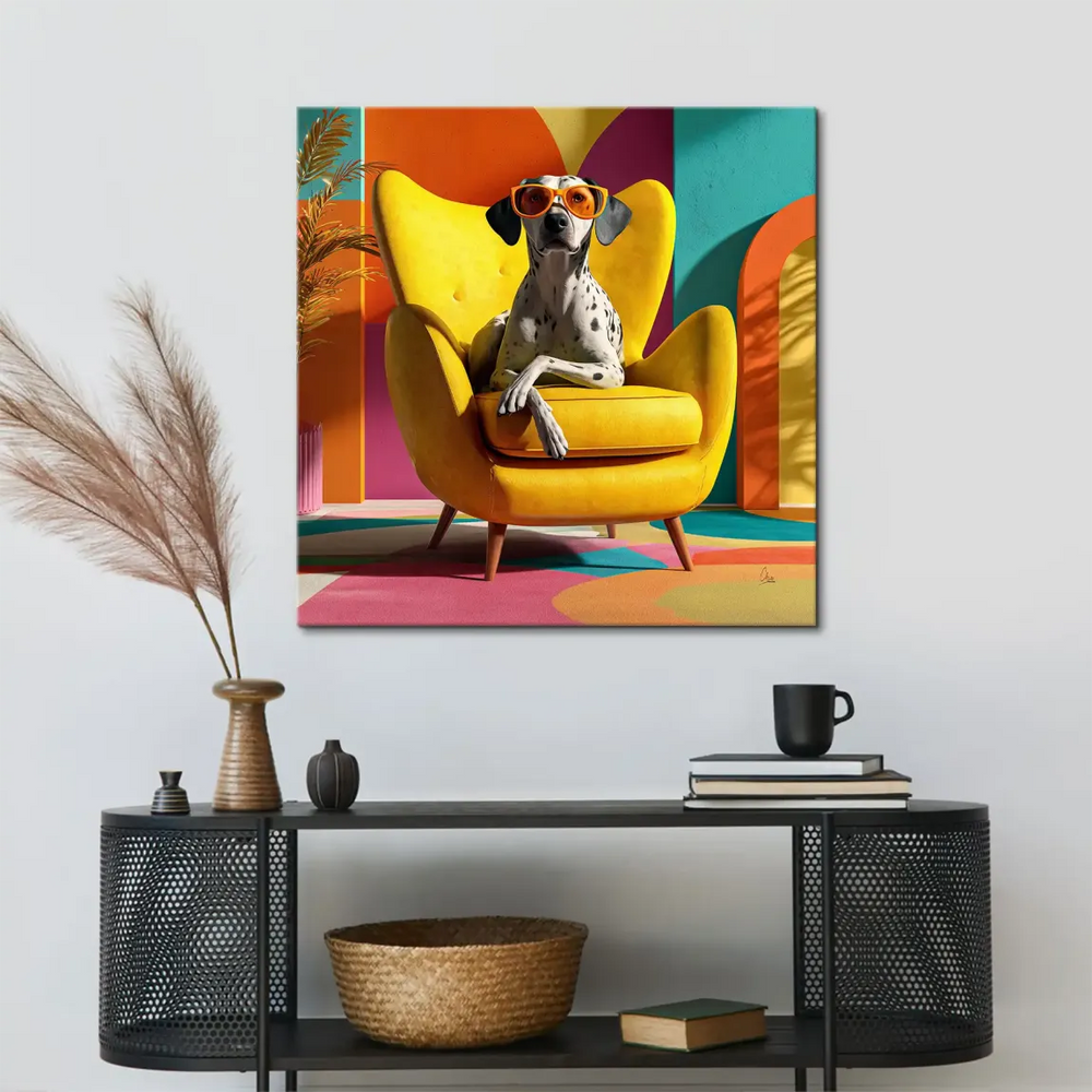 Whimsical dog portrait with archway and tropical plant behind, in Pop Art style