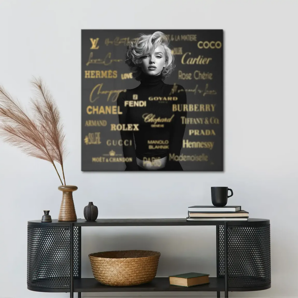 Glamorous pop art-inspired portrait of Marilyn Monroe surrounded by subtle gold luxury branding.