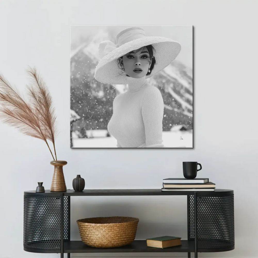 Monochrome portrait with a timeless fashion pose paired with alpine scenery