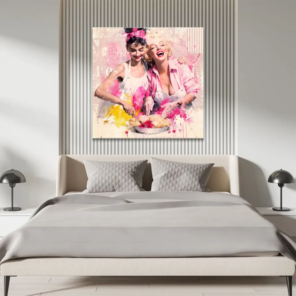 Vibrant pink, cream, yellow, and red paint splatters on a square canvas