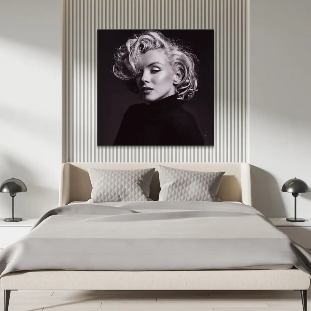 Close-up portrait of Marilyn Monroe with voluminous blonde curls in a black turtleneck