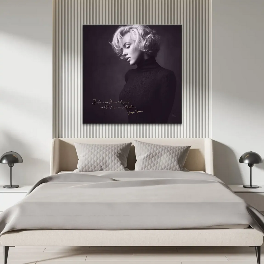 Side profile of Marilyn Monroe on a square canvas with elegant gold typography