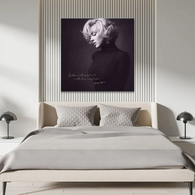 Side profile of Marilyn Monroe on a square canvas with elegant gold typography