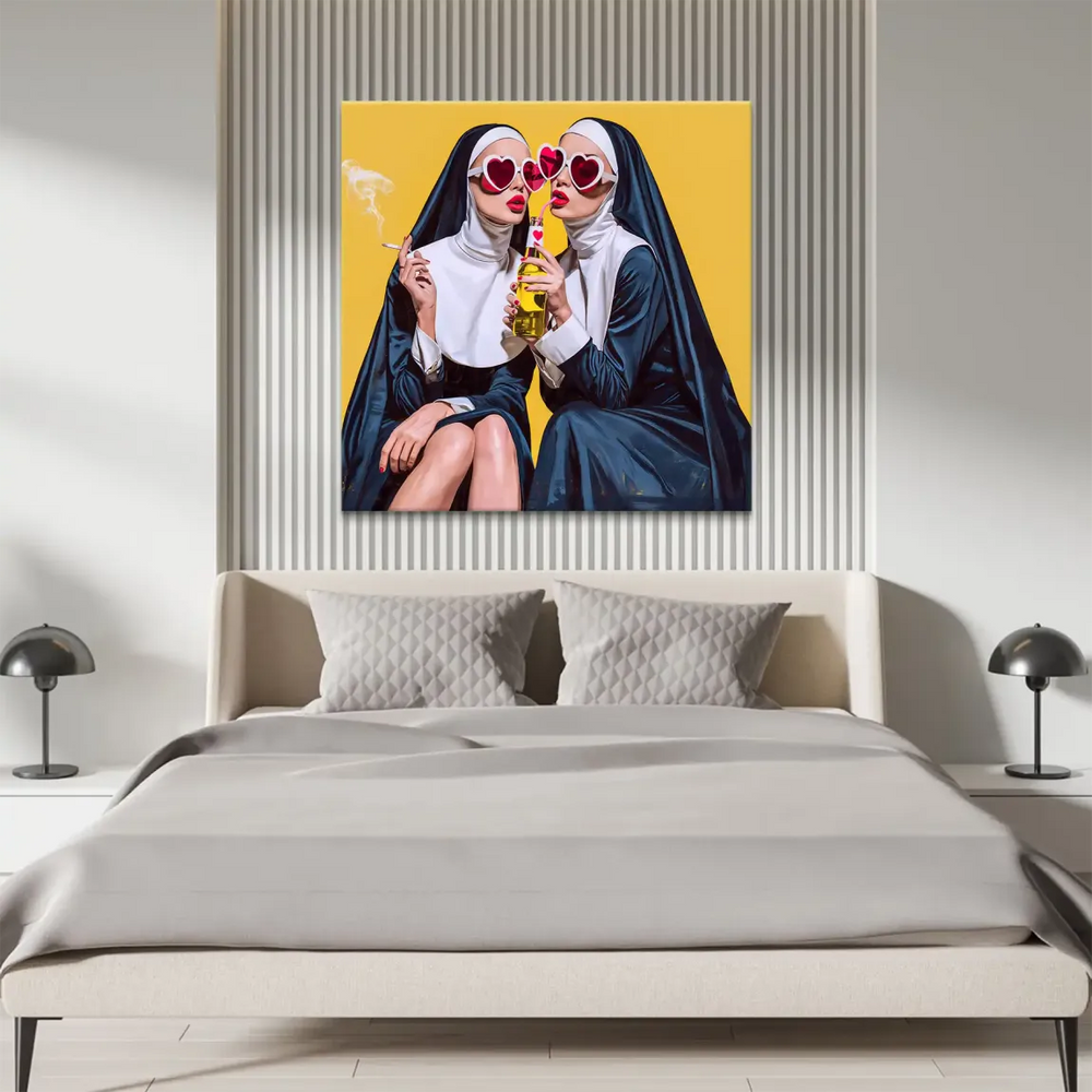 High-contrast colors with primary reds and yellows in Pop Art style.