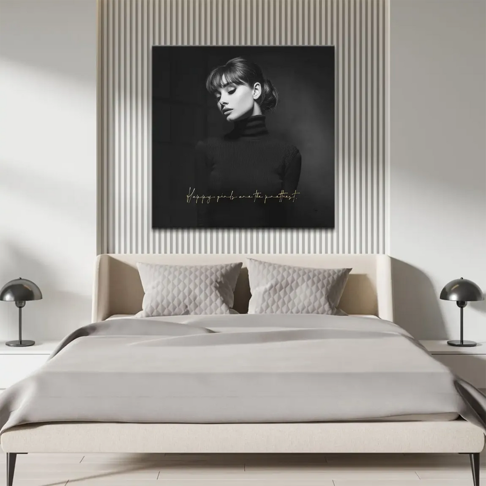Audrey Hepburn-inspired canvas wall art with gold quote at bottom