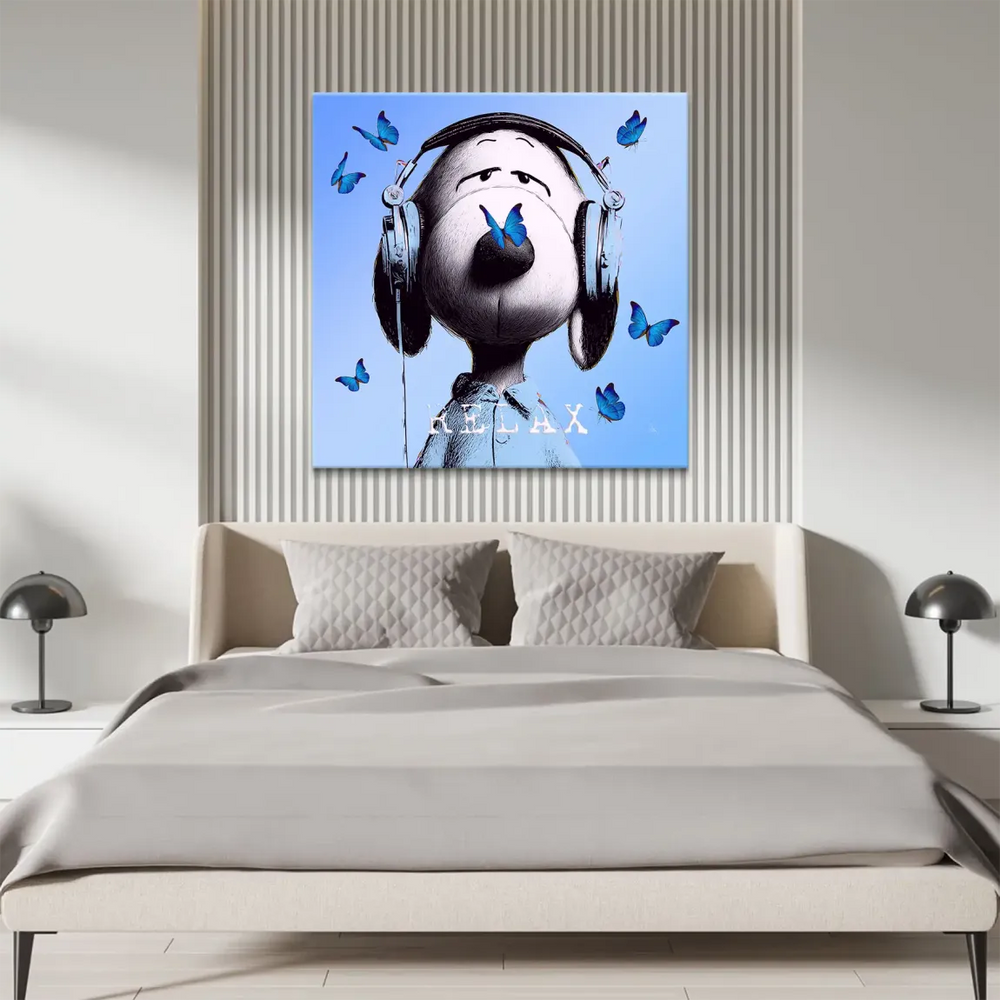 Snoopy Relax canvas wall art with the word RELAX on his shirt, ideal for kids rooms