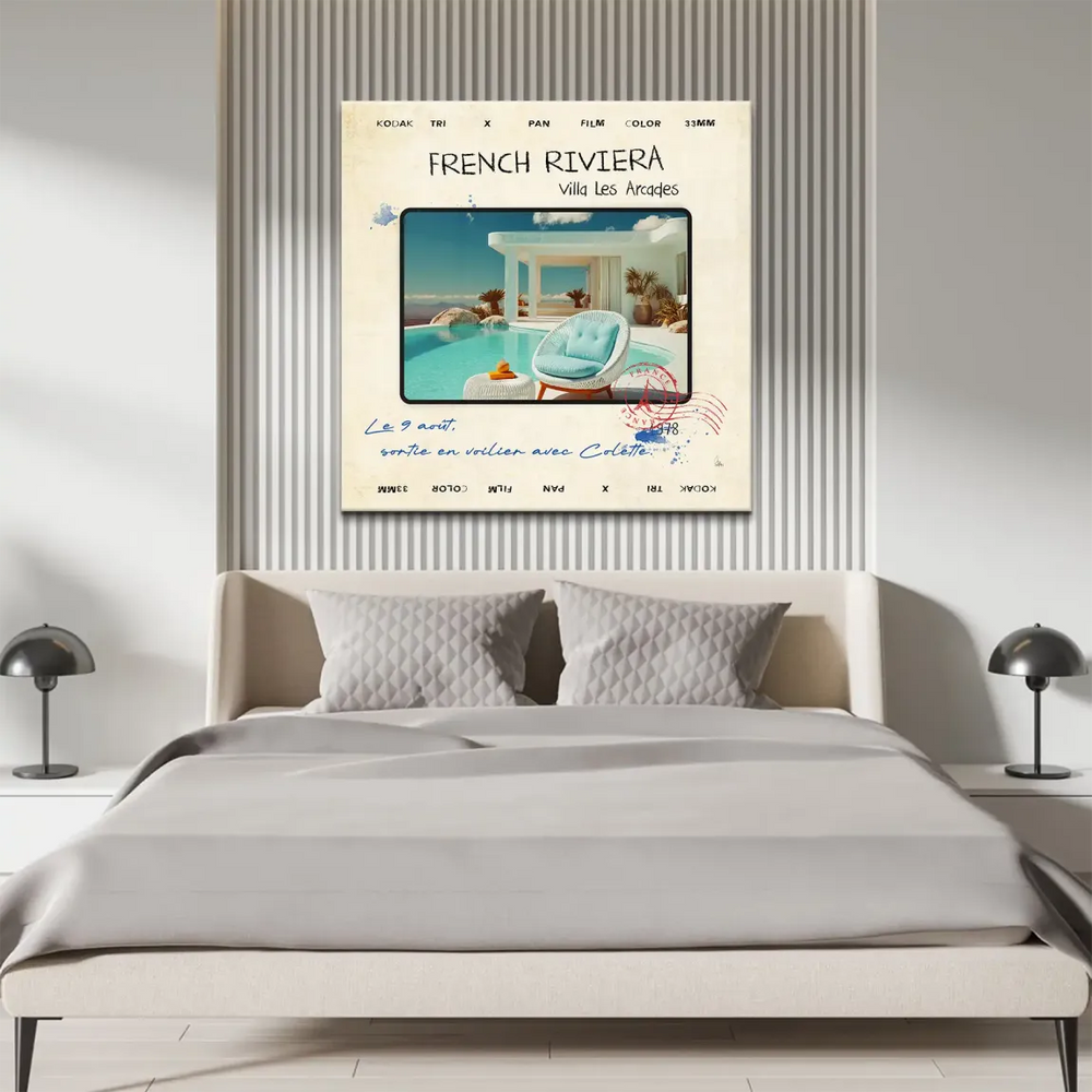 Beige background with blue water and white architecture evoking a chic coastal getaway
