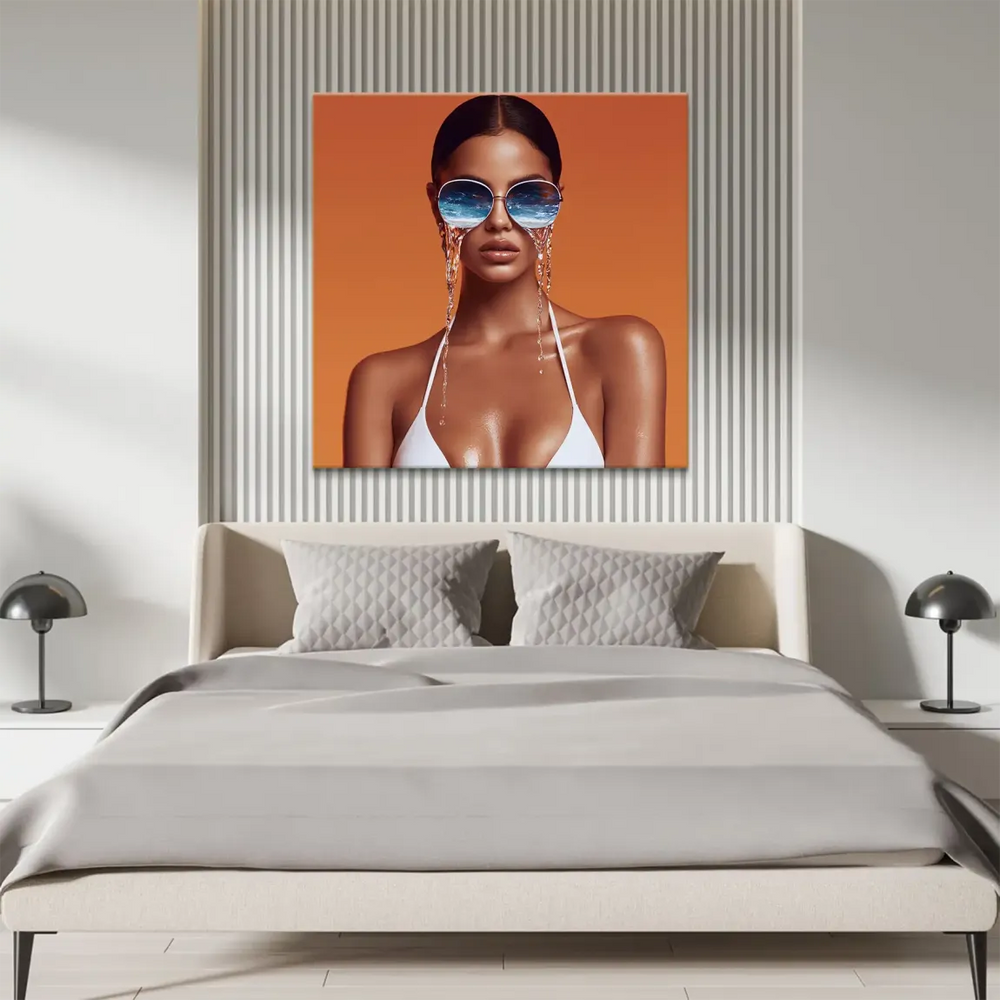 Art for living room or bedroom with ocean-inspired color palette of orange and blue.