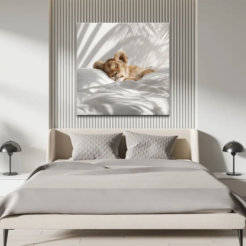 Realistic sleeping lion cub with warm beige fur and white sheets
