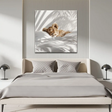Realistic sleeping lion cub with warm beige fur and white sheets