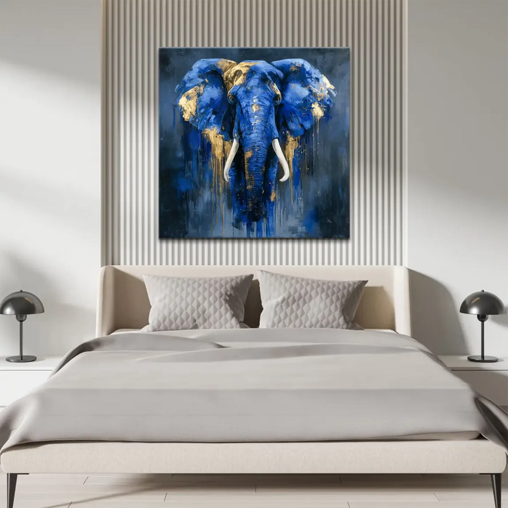 Square blue elephant wall art featuring textured brushstrokes and gold accents
