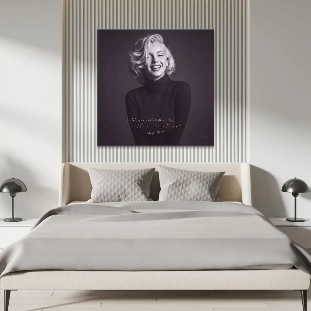 Elegant Marilyn Monroe wall art featuring a mid-smile and timeless vintage styling.