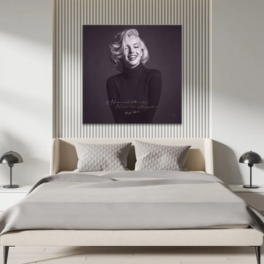 Elegant Marilyn Monroe wall art featuring a mid-smile and timeless vintage styling.