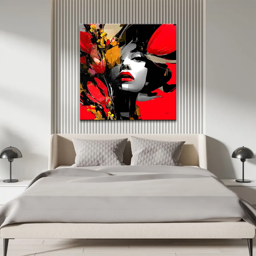 Close-up of geometric lines and high-contrast colors in the abstract portrait.
