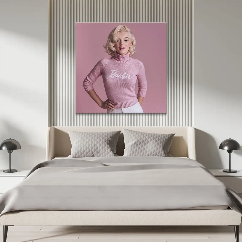 Iconic blonde curls and a beauty mark add retro glamour to the portrait.
