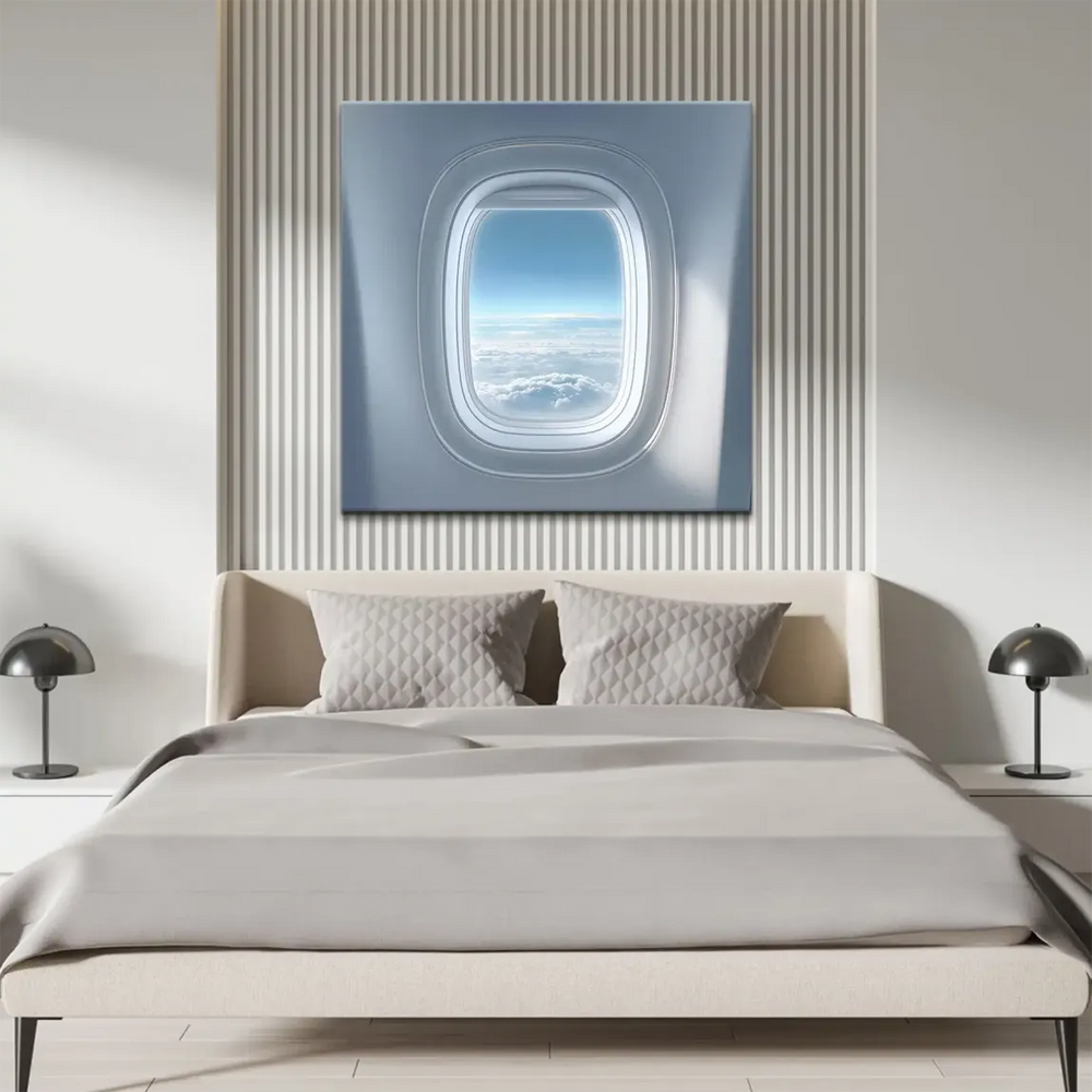 Photorealistic canvas wall art showing a serene sky through an airplane window with fluffy white clouds.