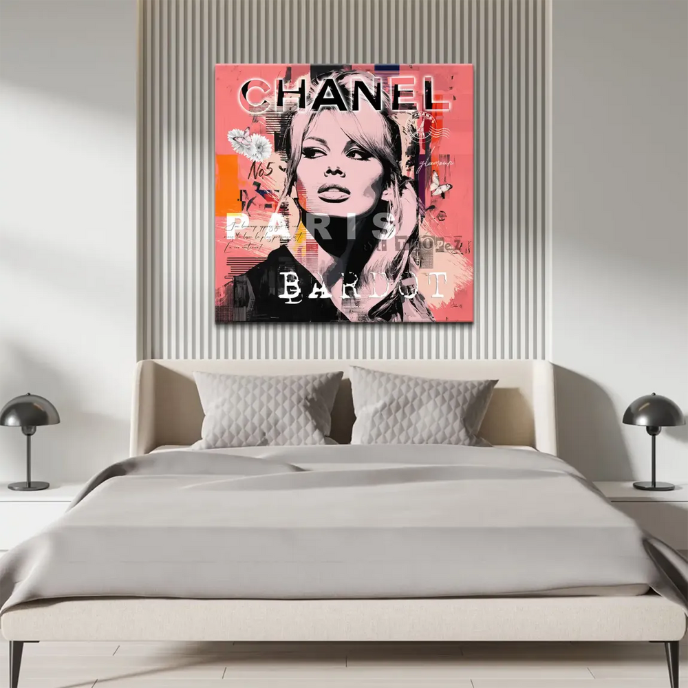 Graffiti-inspired Pop Art canvas featuring Bardot with Chanel Paris overlays and orange accents