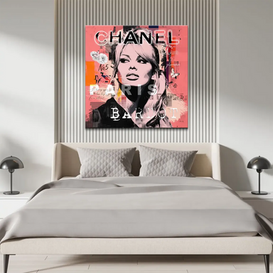 Graffiti-inspired Pop Art canvas featuring Bardot with Chanel Paris overlays and orange accents