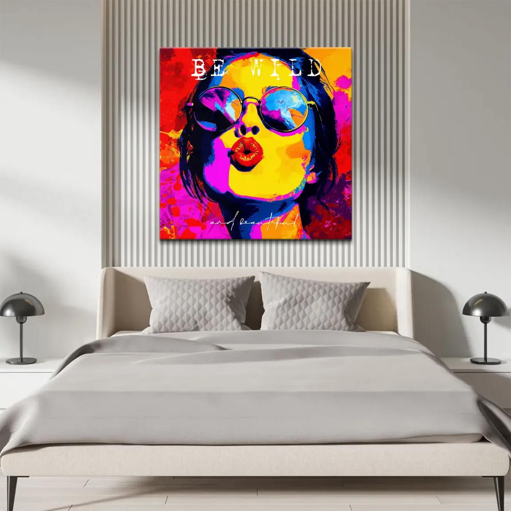 Close-up of a woman's face with round sunglasses reflecting blues and pinks in Pop Art style