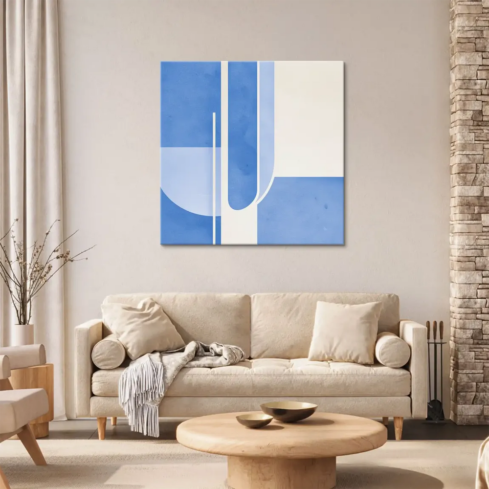 Minimalist geometric wall art in calming blue tones with straight lines
