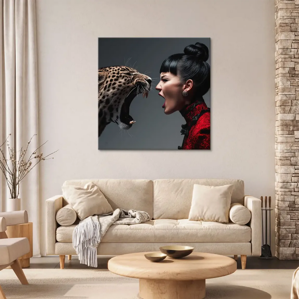 Leopard Diva canvas wall art with animal and fashion elements in bold contrast