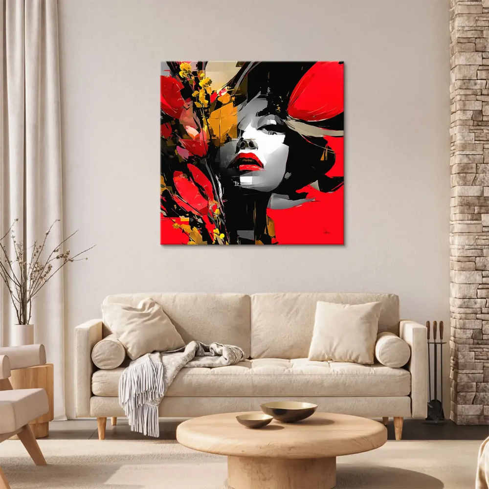 Contemporary wall art with red, black, white palette and floral elements.