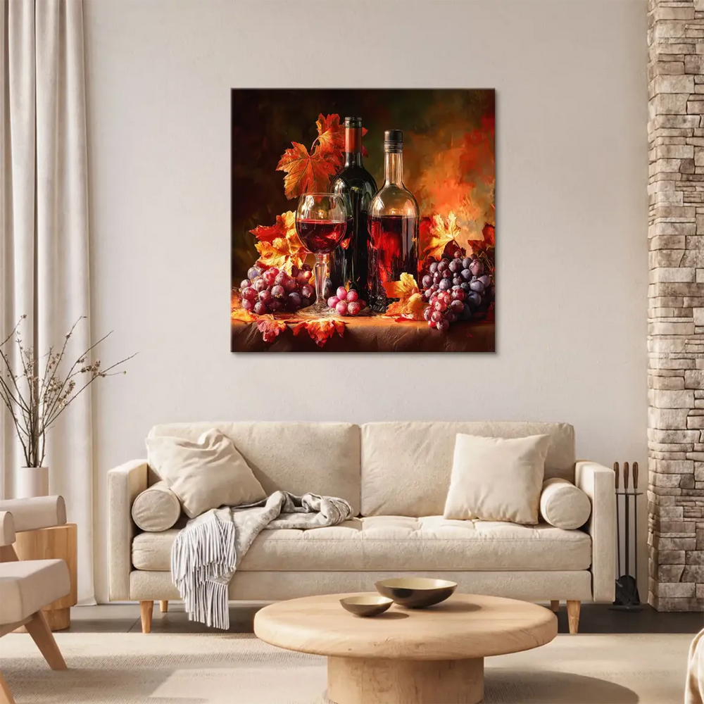 Wine bottles and glass of red wine arranged with grapes in a traditional Dutch Master-inspired composition.
