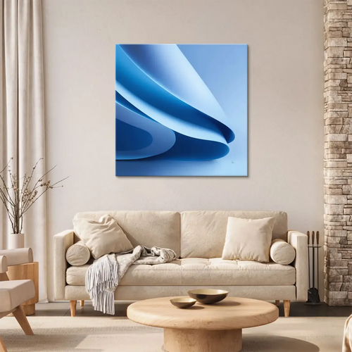 Minimalist abstract artwork on canvas with deep indigo to light sky blue tones.